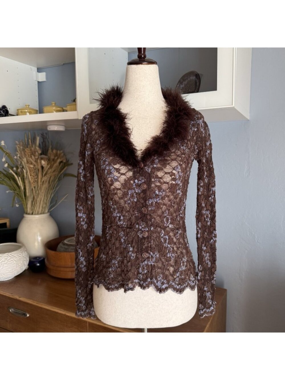 Ann Ferriday Brown Blue Stretch Lace Top Feather Collar Trim XS/S Button Front